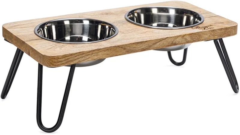 Linga – Dinerset Kat – Voerbak Kat - Drinkbak Kat - Hout/metaal – incl. 2 bakjes de Designed by Lotte – photo produit