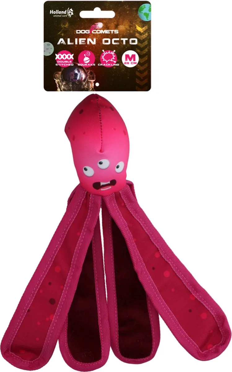 Alien Octo - 28 cm - Hondenspeelgoed - Drijvend - Stevig Canvas - Voorzien van Pieper - Knisperende Tentakels - M van Dog Comets in Roze – productfoto