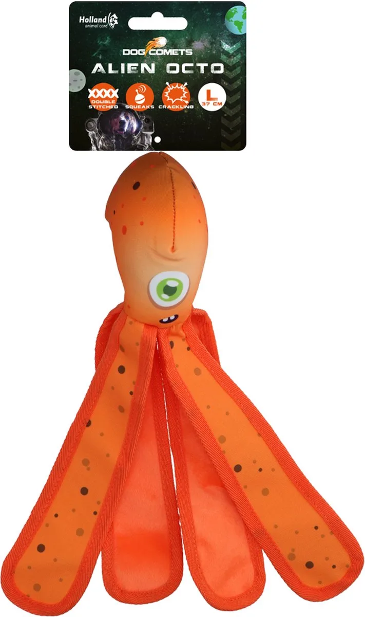 Alien Octo - 37 cm - Hondenspeelgoed - Drijvend - Stevig Canvas - Voorzien van Pieper - Knisperende Tentakels - L de Dog Comets en Orange – photo produit