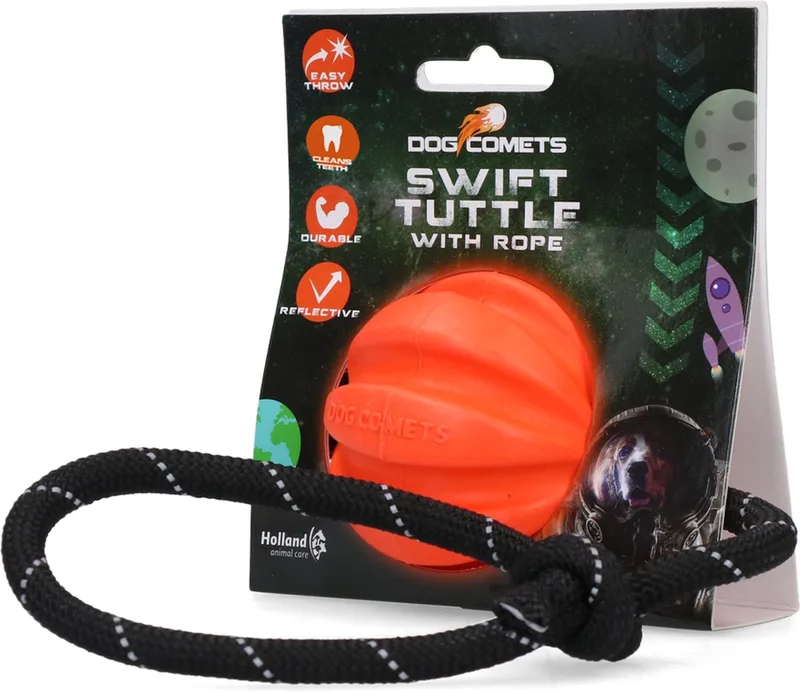 Ball Swift Tuttle met touw hondenspeeltje – Ø6 cm - Hoogwaardig hondenspeelgoed – Natuurlijk rubber von Dog Comets in Orange – Produktfoto