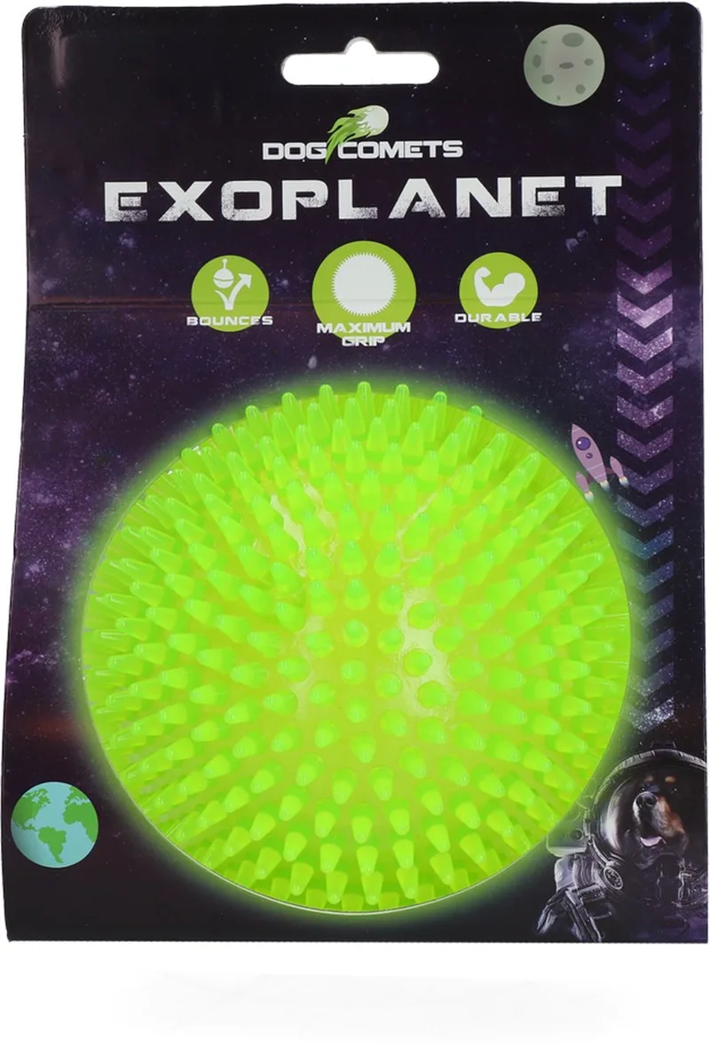 Exoplanet – 10,5 cm - Hondenspeeltje - Bal - Apporteer speelgoed – Egelbal - Water en Land - Gebitsverzorging - Met Piep - L by Dog Comets in Green – product photo