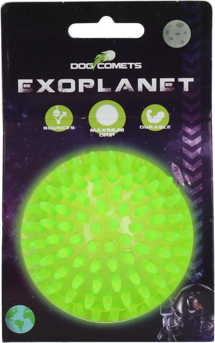 Exoplanet – 8 cm - Hondenspeeltje - Bal - Apporteer speelgoed – Egelbal - Water en Land - Gebitsverzorging - Met Piep - M von Dog Comets in Grün – Produktfoto