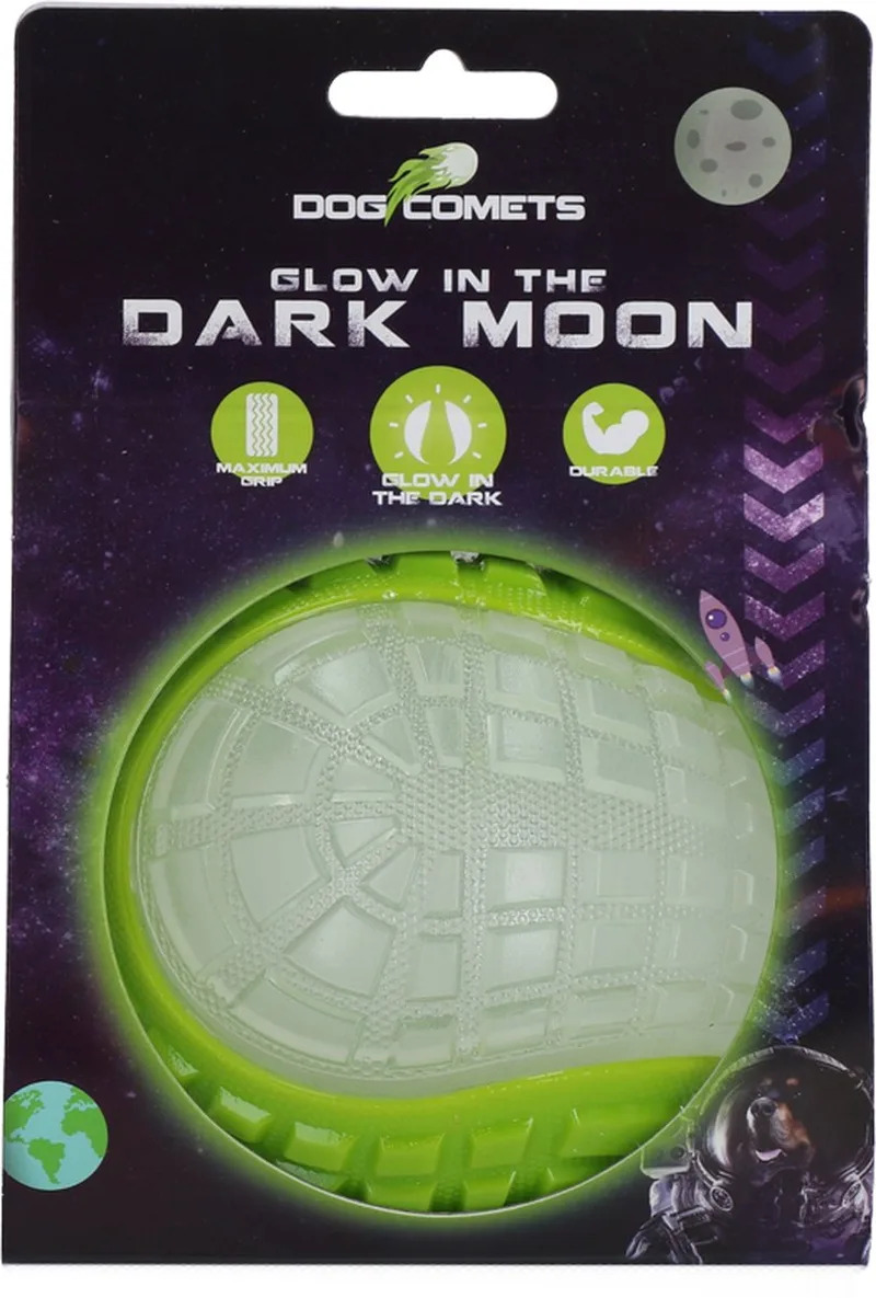 Glow in the Dark Moon Bal - 10 cm - Hondenspeelgoed - Op Water en Land - Apporteerspeelgoed - met Piep - L de Dog Comets en Vert – photo produit