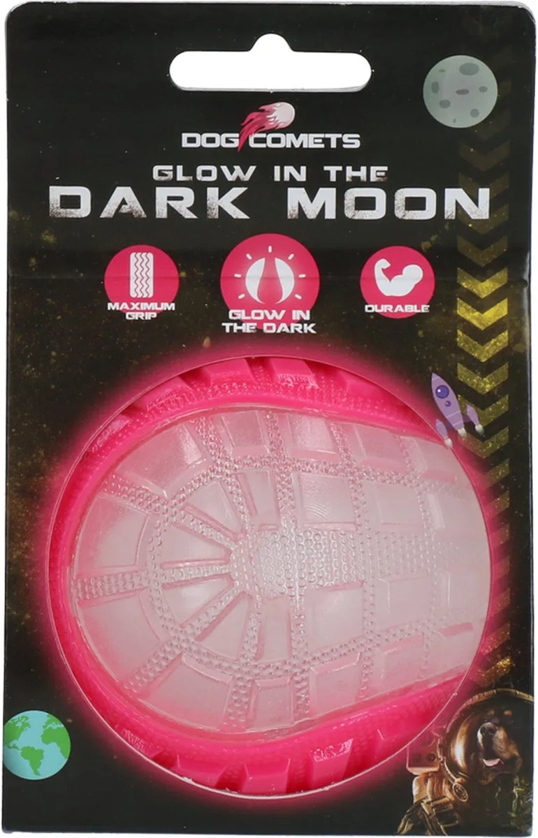 Glow in the Dark Moon Bal - 7.5 cm - Hondenspeelgoed - Op Water en Land - Apporteerspeelgoed - met Piep - M by Dog Comets in Pink – product photo