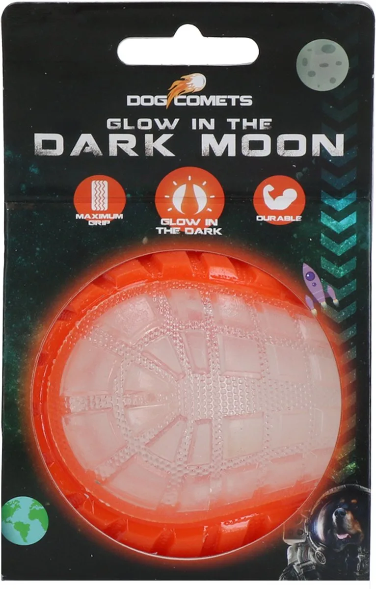 Glow in the Dark Moon Bal - 7.5 cm - Hondenspeelgoed - Op Water en Land - Apporteerspeelgoed - met Piep - M de Dog Comets en Orange – photo produit