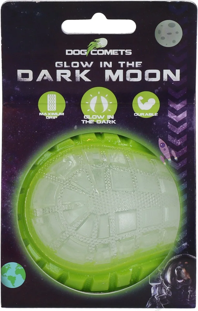 Glow in the Dark Moon Bal - 7.5 cm - Hondenspeelgoed - Op Water en Land - Apporteerspeelgoed - met Piep - M by Dog Comets in Green – product photo
