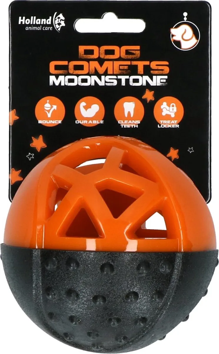 Snackbal - Ronde Traktatiebal - Ø9 cm - Hondenspeelgoed - Intelligentie speelgoed - Stuiterend - Met pieper - Rubber - Oranje/Zwart de Dog Comets en Orange, Rond – photo produit