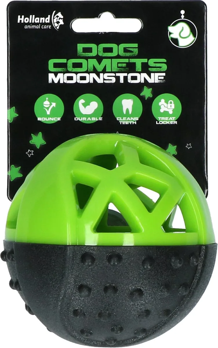 Snackbal - Ronde Traktatiebal - Ø9 cm - Hondenspeelgoed - Intelligentie speelgoed - Stuiterend - Met pieper - Rubber - Groen/Zwart de Dog Comets en Vert, Rond – photo produit