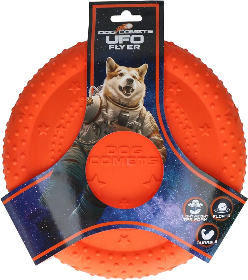 UFO Flyer - 24 x 24 x 2,5 cm - Frisbee Hond - Hondenspeeltjes - Hondenspeelgoed - Kauwspeelgoed - Apporteerspeelgoed de Dog Comets en Orange – photo produit