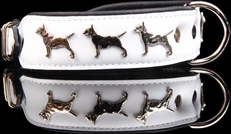 Leren Halsband - Bull Terriër - Lengte: 45 cm Verstelbaar van: 32-41 cm x 40 mm fra Dog's Companion i Hvid, Sort – produktbillede