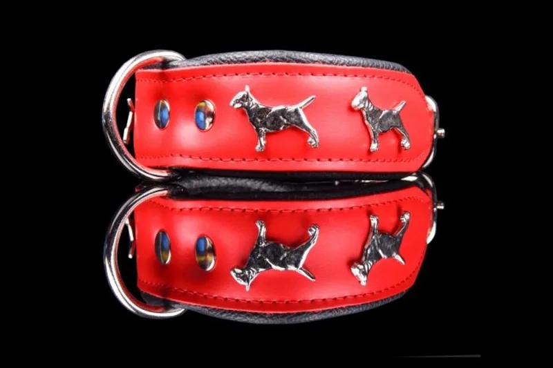Leren Halsband - Bull Terriër - Lengte: 55 cm Verstelbaar van: 45-53 cm x 40 mm by Dog's Companion in Red, Black – product photo