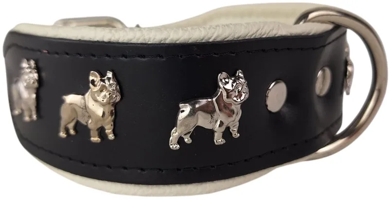 Leren halsband Franse Bulldog - Lengte: 45cm (32-41cmx40 mm), Kleur: Zwart by Dog's Companion in White – product photo