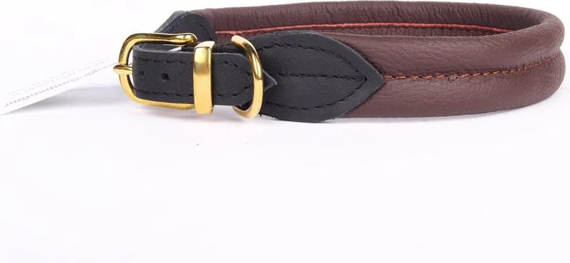 Leren Halsband - Lengte: 40 cm Verstelbaar van 32-37 cm x 25 mm - Messing- Bruin by Dog's Companion in Brown, Brass – product photo