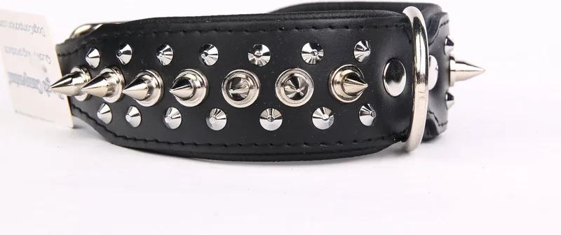 Leren Halsband - met Spikes - Lengte: 55cm Verstelbaar van: 45-53 cm x 40 mm de Dog's Companion en Noir – photo produit