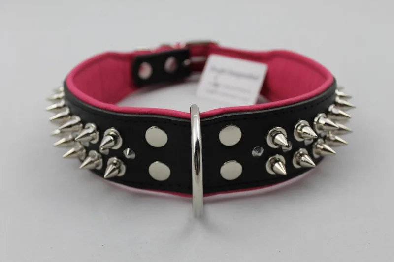 Leren Halsband - met Spikes - Lengte: 65cm Verstelbaar van: 51-60 cm x 50 mm von Dog's Companion in Schwarz, Rosa – Produktfoto