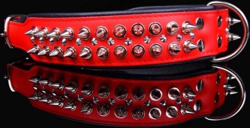 Leren Halsband - met Spikes - Lengte: 65cm Verstelbaar van: 51-60 cm x 50 mm de Dog's Companion en Rouge, Noir – photo produit