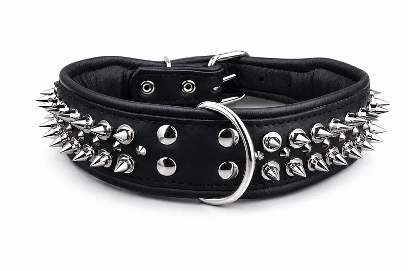 Leren Halsband - met Spikes - Lengte: 75cm Verstelbaar van: 60-73 cm x 50 mm de Dog's Companion en Noir – photo produit
