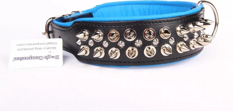 Leren Halsband - met Spikes - Lengte: 75cm Verstelbaar van: 60-73 cm x 50 mm de Dog's Companion en Noir, Bleu – photo produit