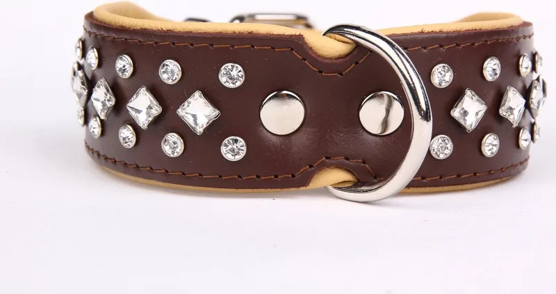 Leren Halsband - met Strass Kristallen - Lengte: 45 cm Verstelbaar van 32-41 cm x 40 mm de Dog's Companion en Marron, Naturel – photo produit