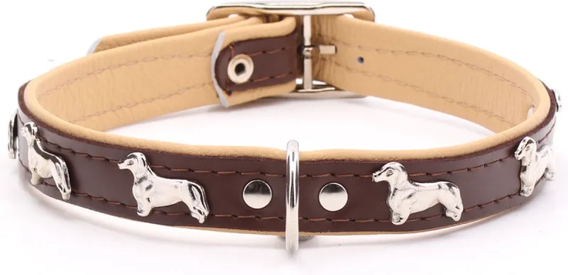 Leren Halsband - Teckel - Lengte: 35 cm Verstelbaar van 28-34 cm x 16 mm de Dog's Companion en Marron, Naturel – photo produit