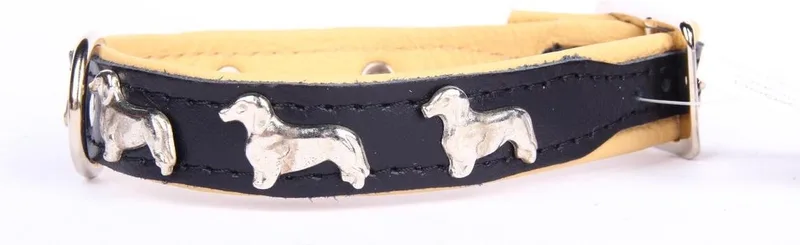 Leren Halsband - Teckel - Lengte: 45 cm Verstelbaar van 35-41 cm x 20 mm de Dog's Companion en Noir, Naturel – photo produit
