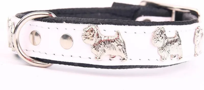 Leren Halsband - Westie - Lengte: 35cm - Verstelbaar 28-34 cm x 16 mm - Wit / Zwart fra Dog's Companion i Hvid, Sort – produktbillede