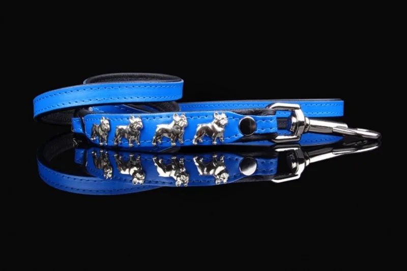Leren hondenriem voor Franse Bulldog - Lengte: 125cm (16 mm), Kleur: / Zwart by Dog's Companion in Blue – product photo