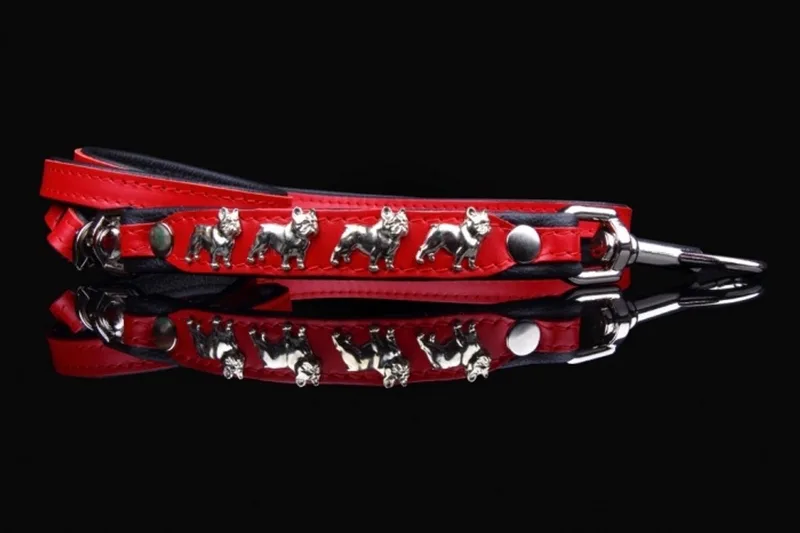 Leren hondenriem voor Franse Bulldog - Lengte: 125cm (16 mm), Kleur: Rood by Dog's Companion in Black – product photo