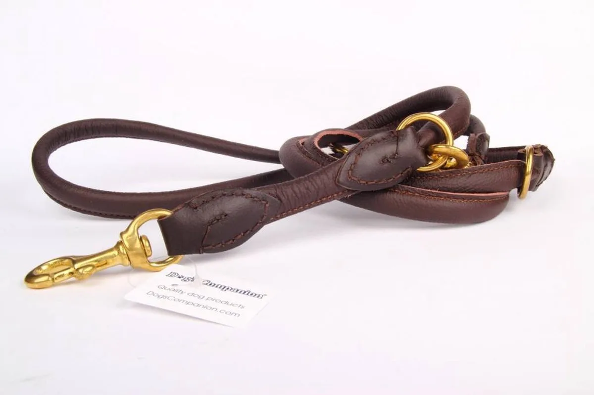 Leren Politielijn Hond, 220cm, messing - Lengte: 220cm (12 mm), Kleur: Bruin - Verstelbaar op 130-170-210 cm de Dog's Companion en Marron, Messing x 12 mm (dik) – photo produit