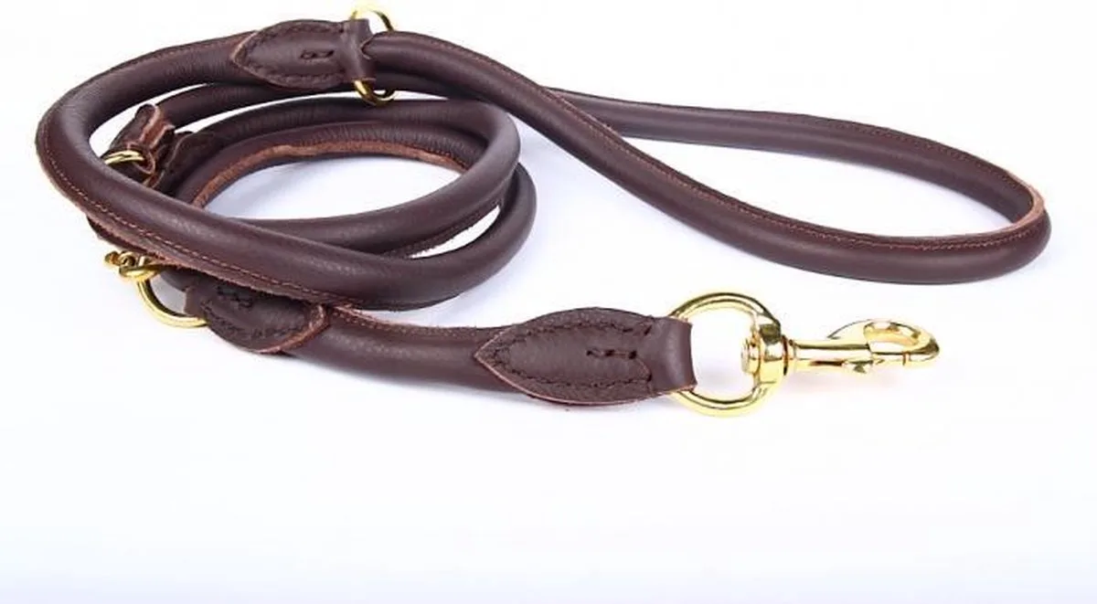 Leren Politielijn Hond, 220cm, Messing - Lengte: 220cm (8 mm), Kleur: Bruin - Verstelbaar op 130-170-210 cm de Dog's Companion en Marron, Messing x 8 mm (dik) – photo produit