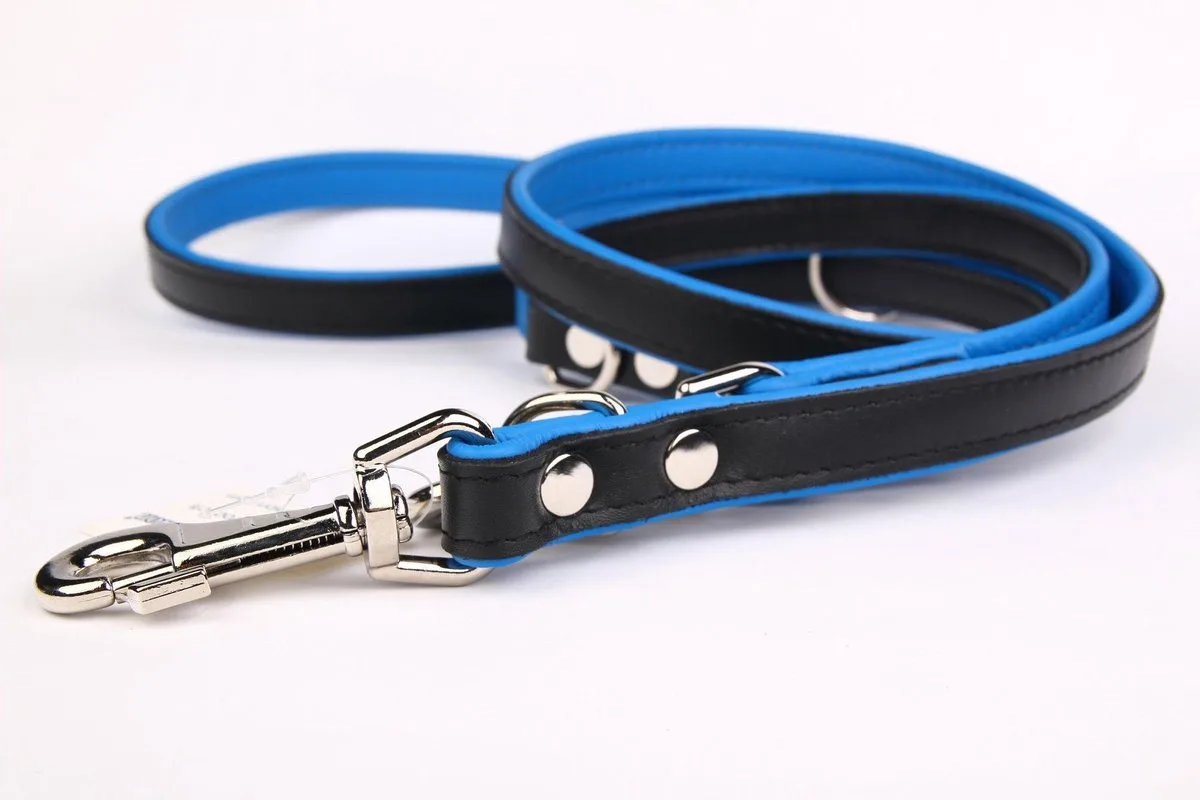 Politielijn / Trainingslijn Hond Verstelbare Leren Riem (soft/duo) Lengte: 220cm (20 mm), Kleur: Zwart / Blauw - Verstelbaar op 130-170-210 cm van Dog's Companion in Zwart, Blauw – productfoto