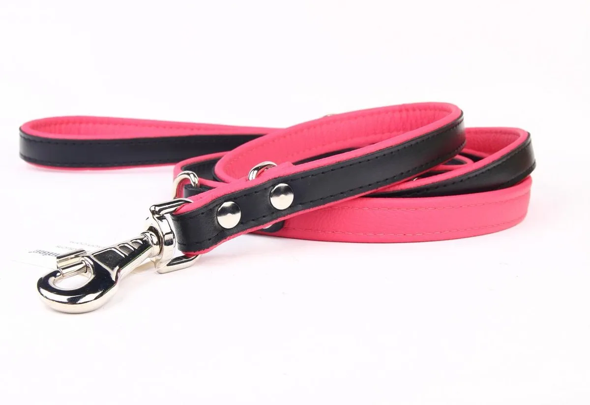 Politielijn / Trainingslijn Hond Verstelbare Leren Riem (soft/duo) Lengte: 220cm (20 mm), Kleur: Zwart / Roze - Verstelbaar op 130-170-210 cm van Dog's Companion in Zwart, Roze – productfoto