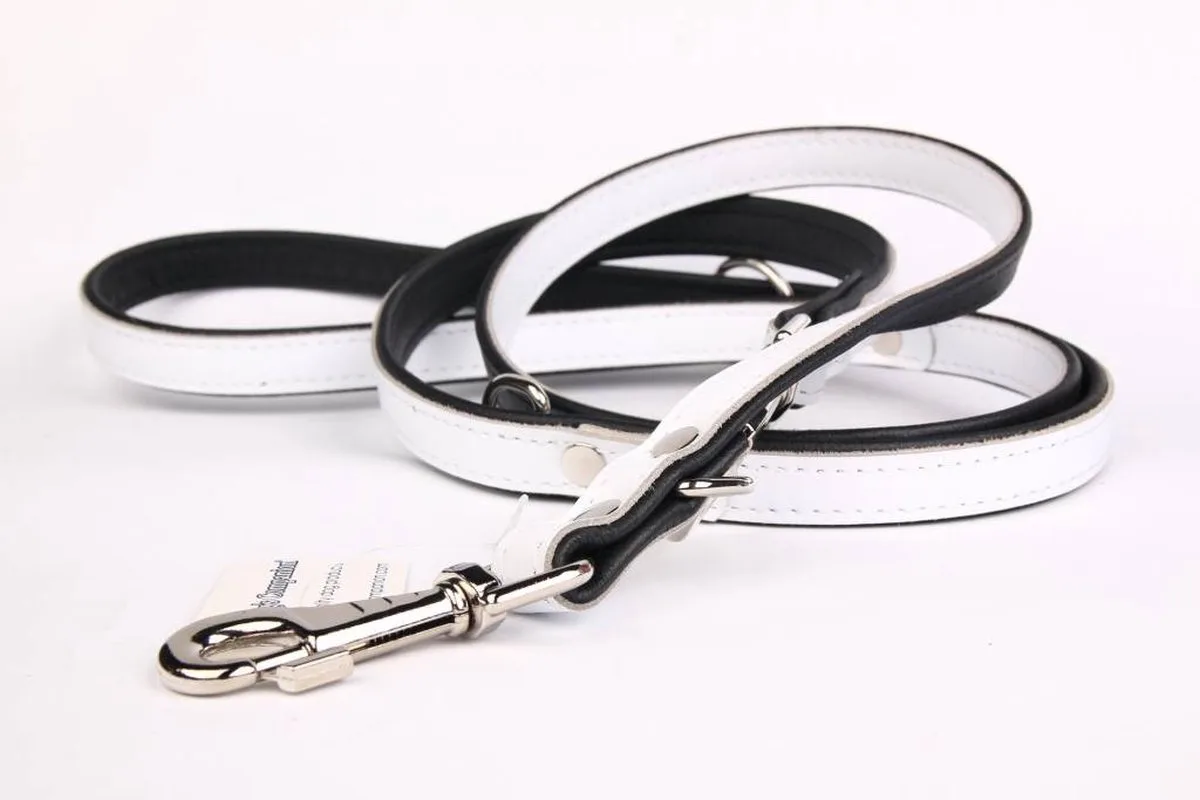 Politielijn / Trainingslijn Hond Verstelbare Leren Riem (soft/duo) Lengte: 220cm (20 mm), Kleur: Zwart / Wit - Verstelbaar op 130-170-210 cm van Dog's Companion in Zwart, Wit – productfoto