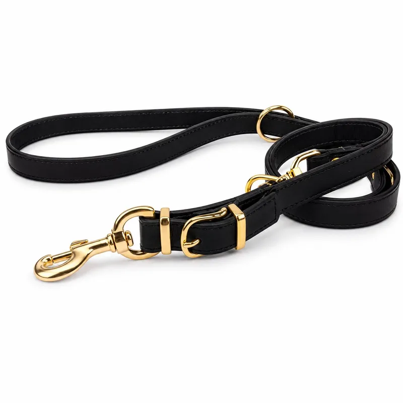 Politielijn van Tuigleer - Verstelbare Leren Hondenriem Exclusive Gold Lengte: 220cm (12 mm), Kleur: - Verstelbaar op 130-170-210 cm de Dog's Companion en Noir – photo produit
