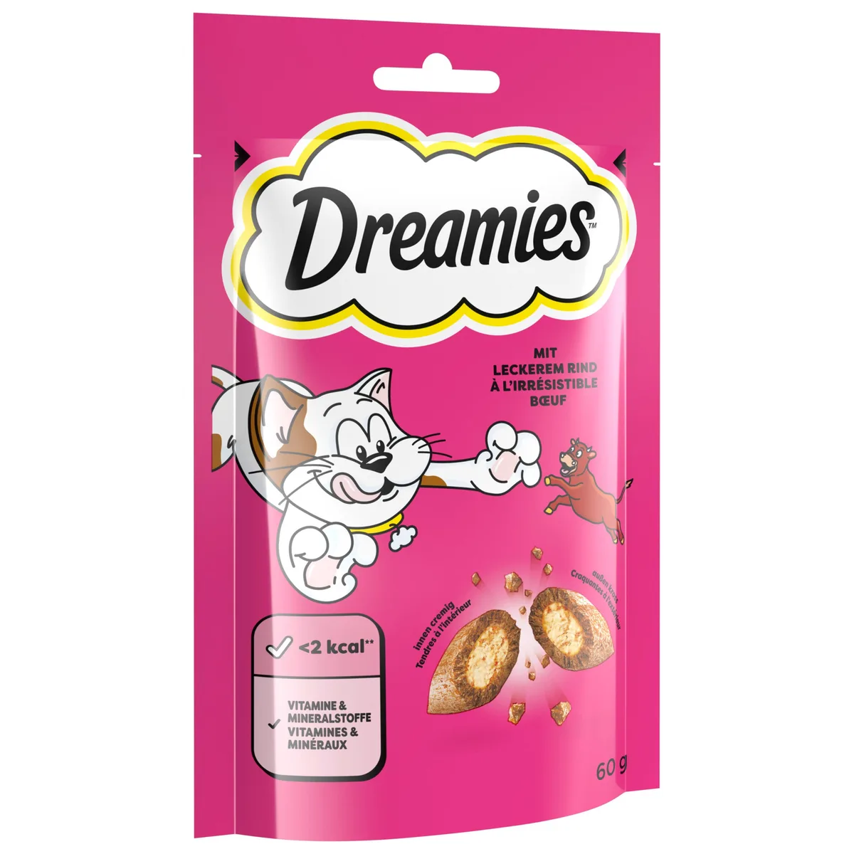 3x60g Catisfactions met Rund Kattensnacks van Dreamies – productfoto