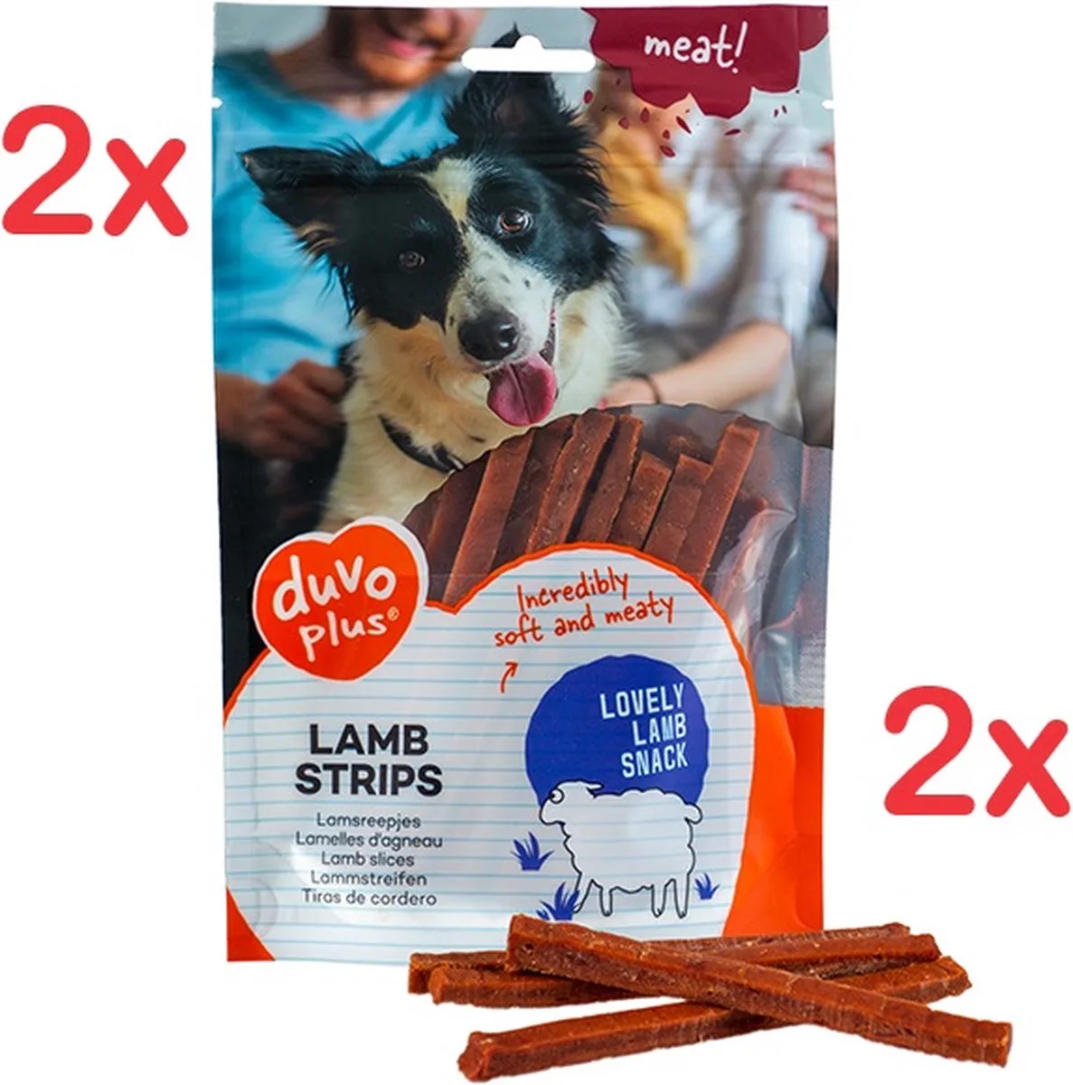 **2 x ** duvo+ lam en rijst sticks 80 gr 78.8% lamsborst - glutenvrij - geen toegevoegde suiker. **2 x 80 gr = 160 gr** zacht en smakelijk de Duvo+ – photo produit