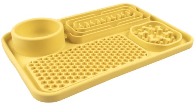 Anti-schrok Eetkom 3-in-1 - Anti-schrokbak Hond en Kat - Slowfeeder, Likmat & Snackkom - Siliconen met Zuignappen - 125ml von Duvo+ in Gelb – Produktfoto