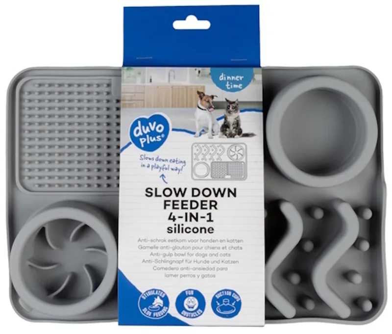 Anti-schrok Eetkom 4-in-1 - Anti-schrokbak Hond en Kat - Slowfeeder & Likmat - Siliconen met Zuignappen - 30cm de Duvo+ en Gris – photo produit
