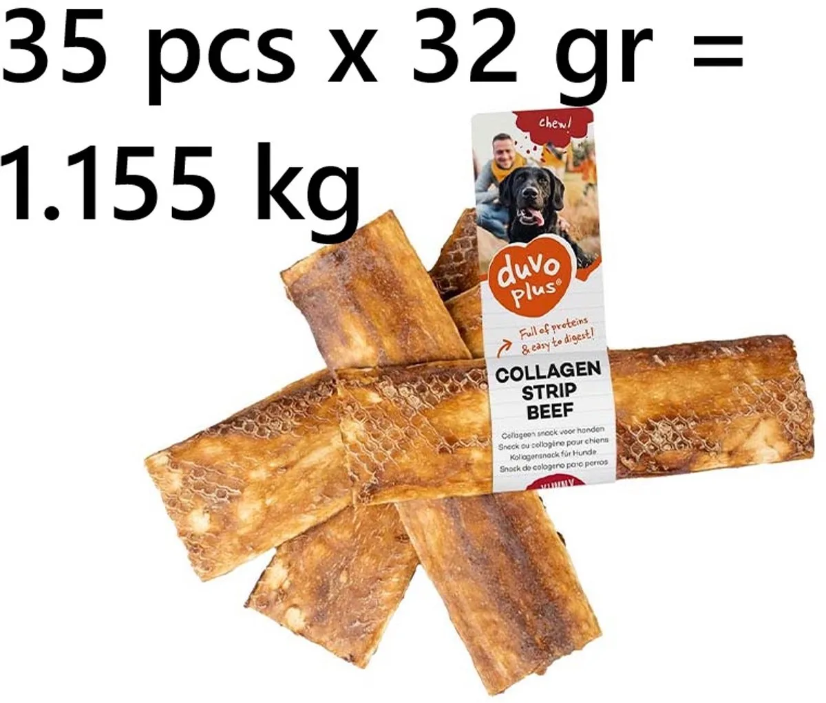 chew!! - collageen strip beef - L 15 cm x circa 5 cm - 32gr/st - 35 STUKS = 1.155 gr - tandverzorgend , lekker en gezond van Duvo+ – productfoto