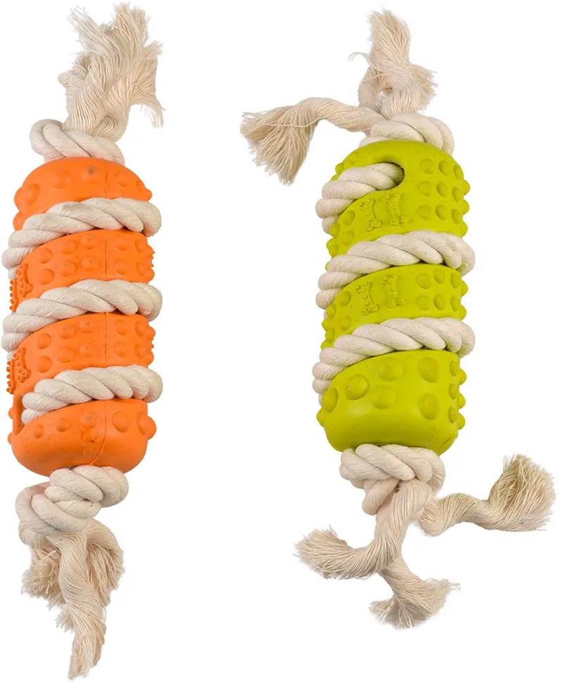 duvoplus ECO Rubber Stick - Duurzaam Hondenspeelgoed van Natuurrubber en Bamboe/Rijst met Katoen Touw - 29 cm - Geel/Groen by Duvo+ in Yellow – product photo