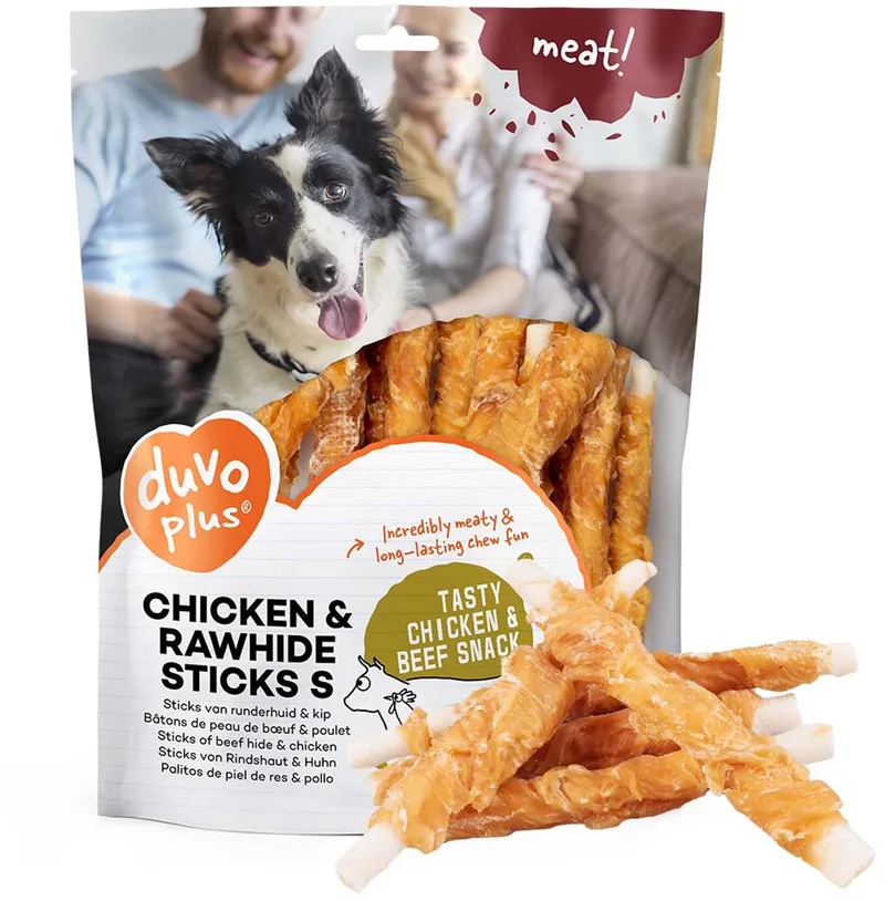 duvoplus meat! snack kip&runderhuid sticks voor honden S-12.5cm-1kg fra Duvo+ – produktbillede