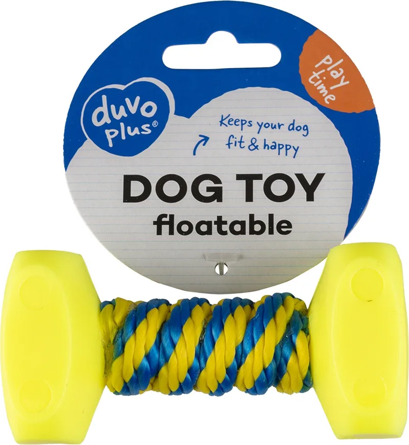 Duvoplus - Speelgoed Voor Dieren - Hond - Dogtoy Dumbell Met Touw 14x7cm Blauw/geel - 1st von Duvo+ in Medium – Produktfoto