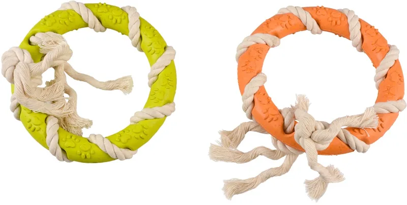 Duvoplus - Speelgoed Voor Dieren - Hond - Eco Rubber Ring Bamboe/rijst + Katoen 12,5x12,5x3,2cm - 1st by Duvo+ in Gemengde Kleuren – product photo