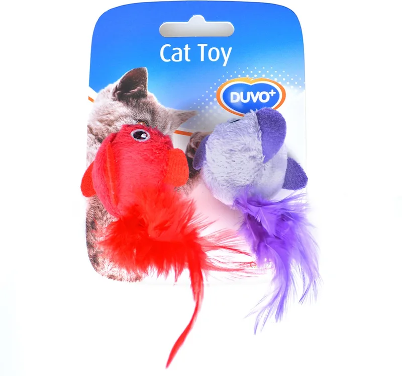 Duvoplus - Speelgoed Voor Dieren - Kat - Assortiment Vogel Met Veren 2st - 13x10x3,5cm - 2st de Duvo+ en Rouge, Purper – photo produit