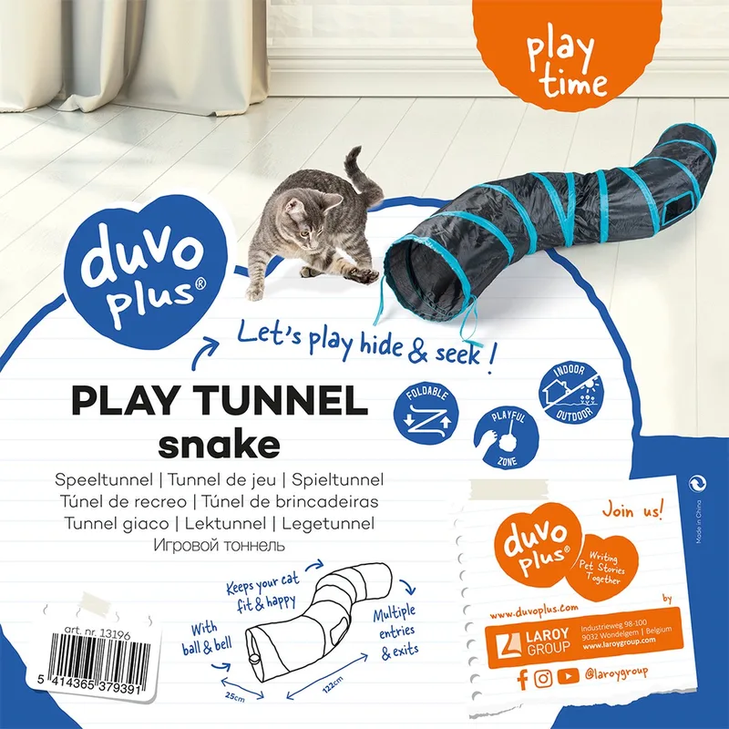 Duvoplus - Speelgoed Voor Dieren - Kat - Speeltunnel Snake 122x25cm - 1st de Duvo+ en Bleu, Noir – photo produit