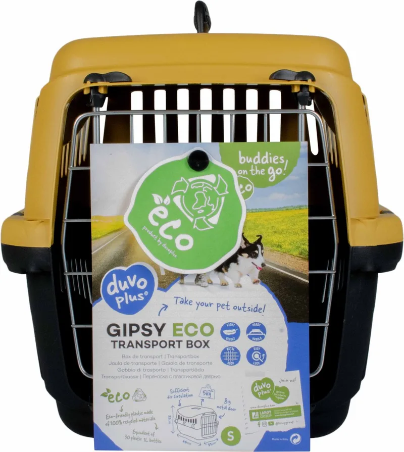 duvoplus Transportbox Gipsy Eco - Stevige Reismand van Gerecycled Plastic voor Kat en Kleine Hond - S 46x31x32cm - Honey by Duvo+ in Grijs-mosterdgeel – product photo
