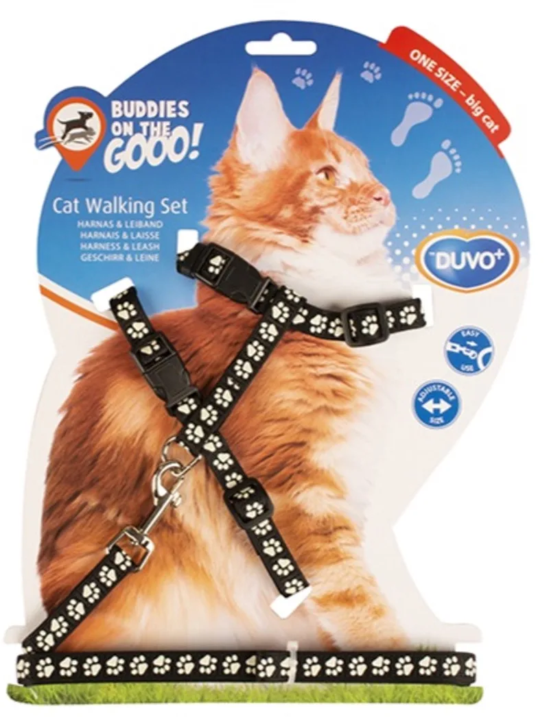 Duvoplus - Uitlaatriem Voor Dieren - Kat - Grote Kat Wandelset Pootjes 30-50cm / 12mm - 125cm - willekeurig de Duvo+ en Rouge – photo produit
