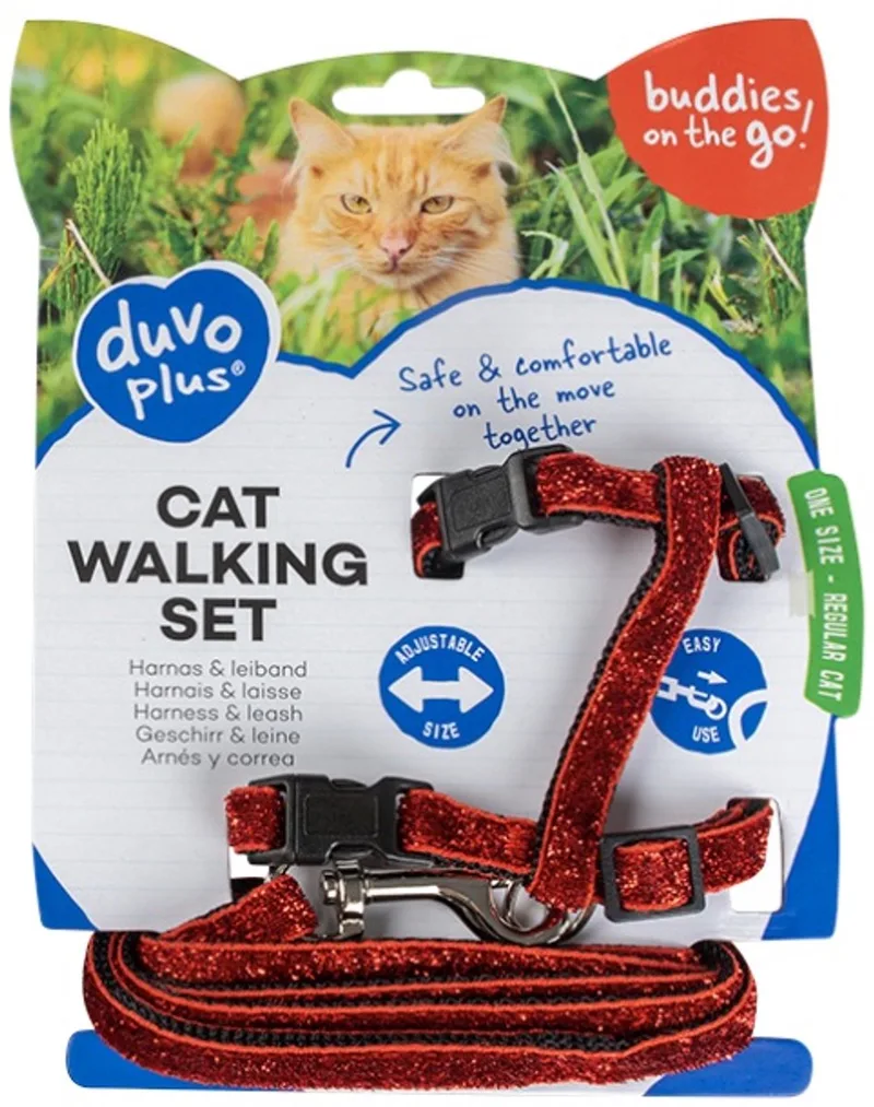 Duvoplus - Uitlaatriem Voor Dieren - Kat - Kat Wandelset Glitter 20-35cm / 10mm - 125cm - 1st de Duvo+ en Noir, Rouge – photo produit
