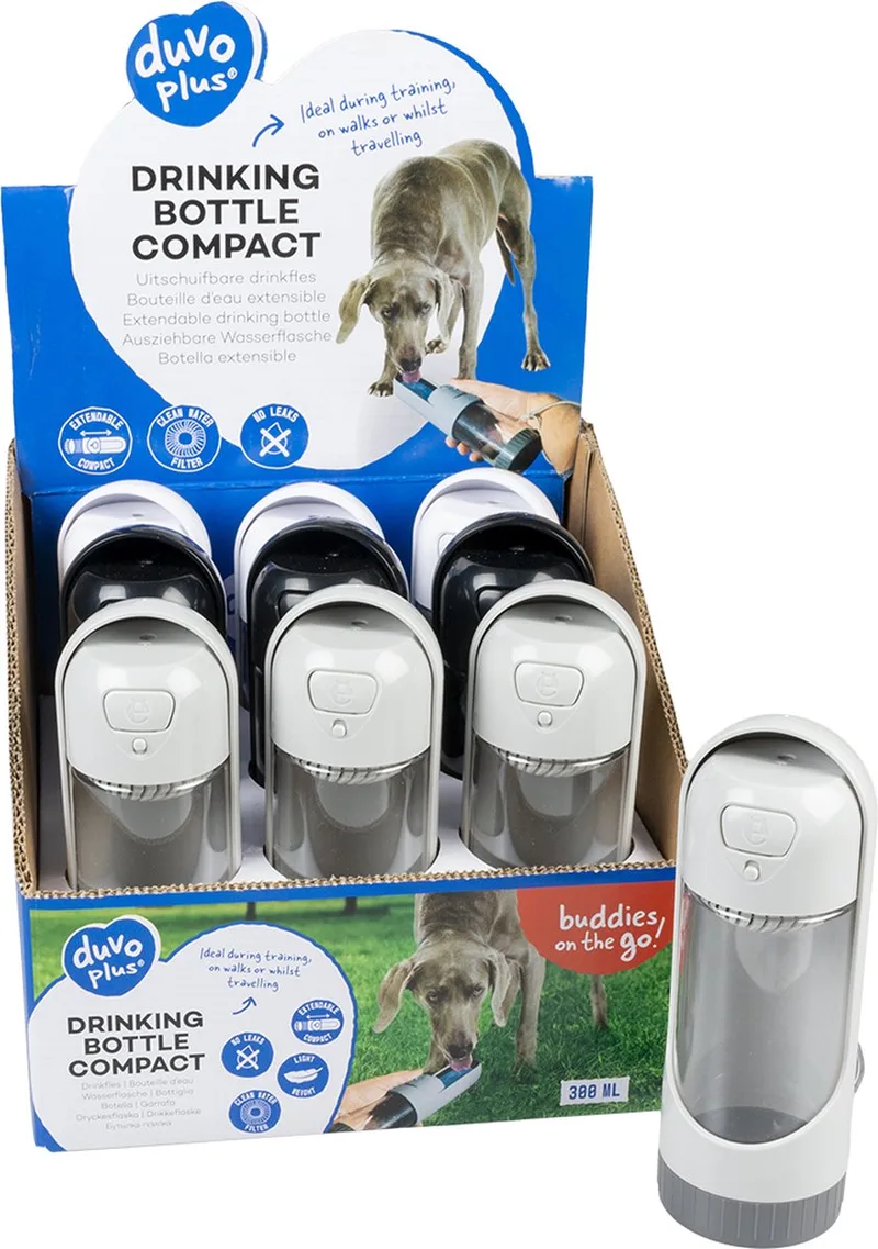 Duvoplus - Waterfles - Hond - Drinkfles Compact 300ml - 6,5x6,5x18,5cm - Display Gemengde Kleuren - 1st de Duvo+ – photo produit
