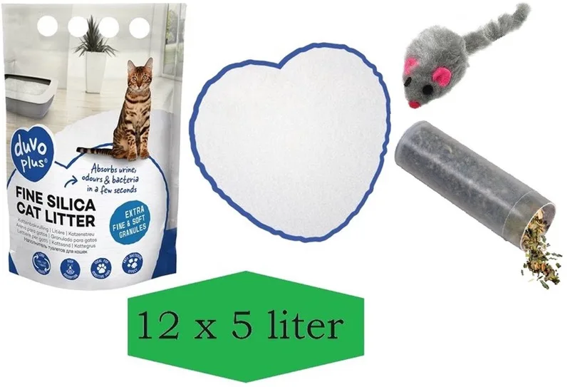 fijne silica - Premium - silica - kattenbakvulling wit - 12x 5L - Incl. Wol muisje met catnip! de Duvo+ – photo produit